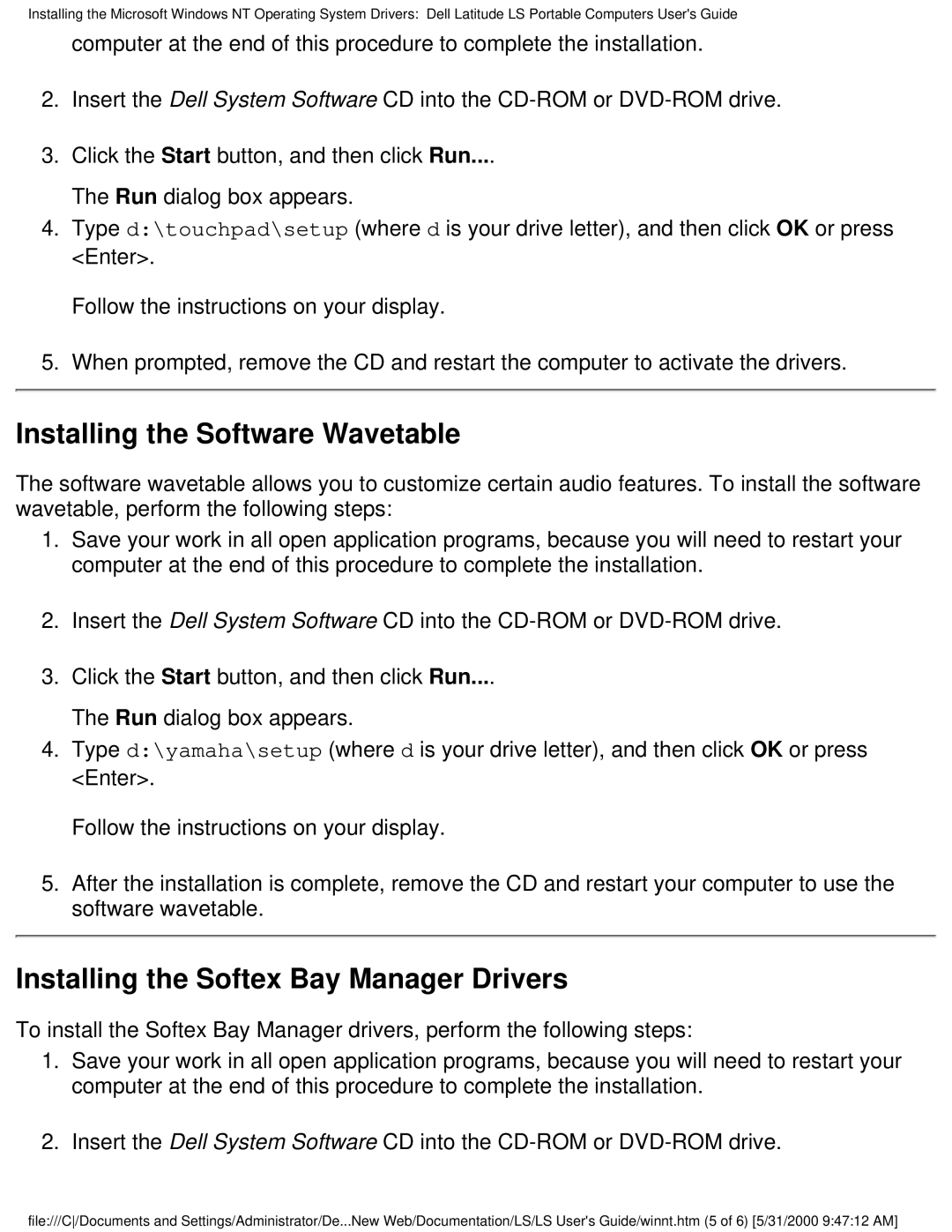 Dell PP01S technical specifications Installing the Software Wavetable, Installing the Softex Bay Manager Drivers 