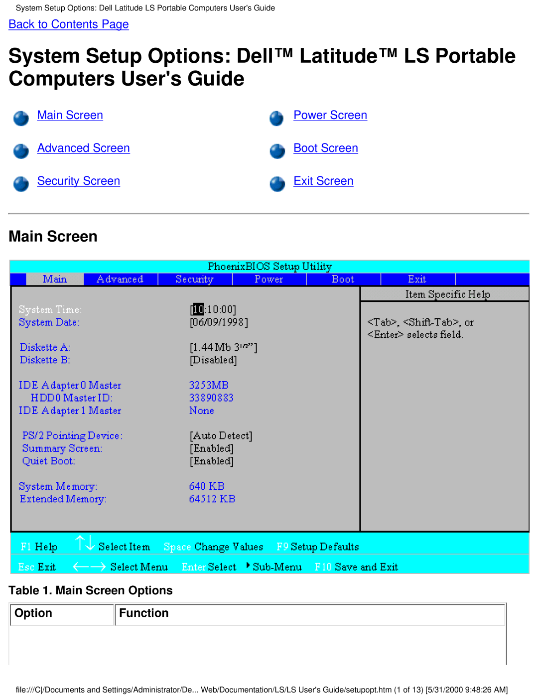 Dell PP01S technical specifications Main Screen 