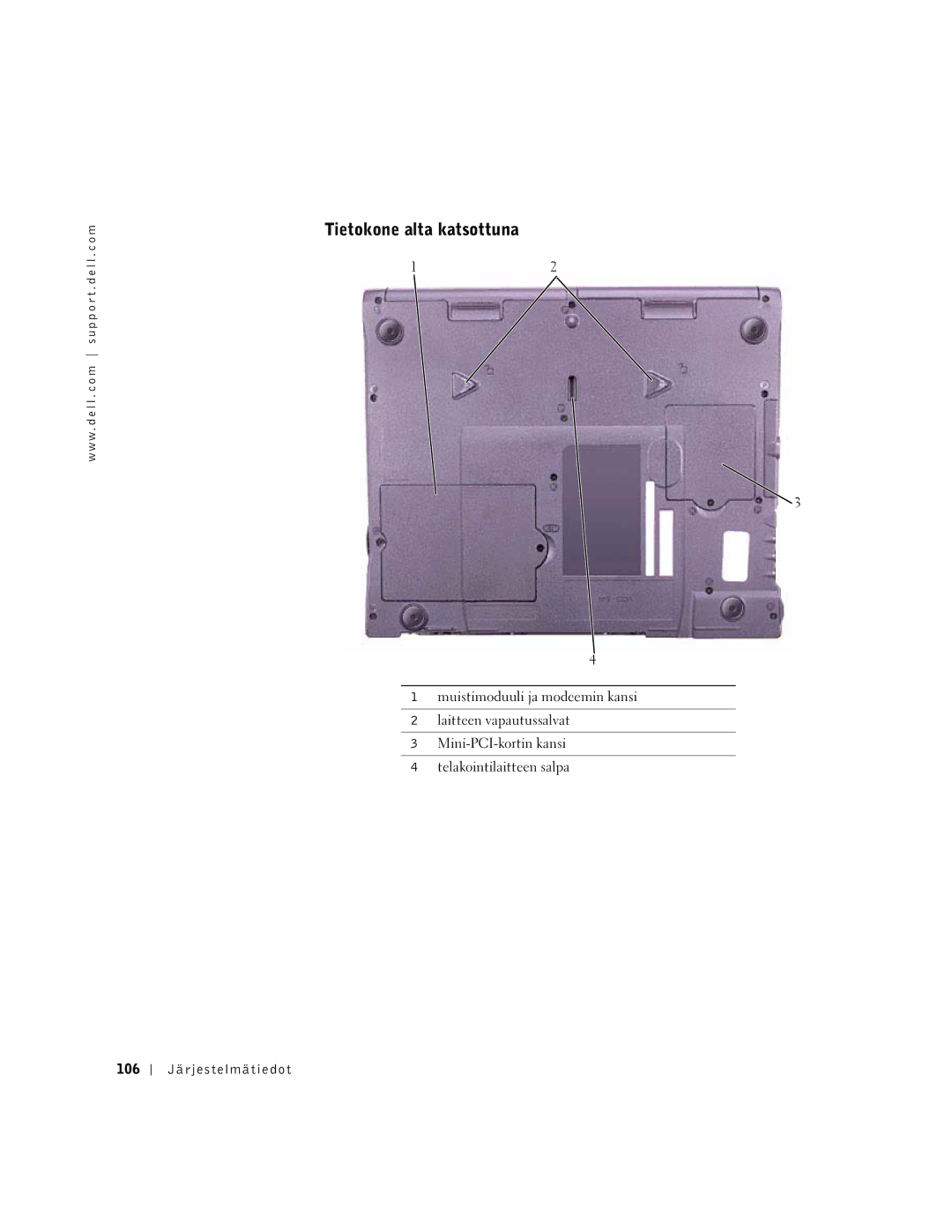 Dell PP01X manual Tietokone alta katsottuna, 106 Järjestelmätiedot 