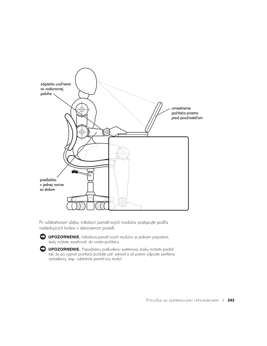 Dell PP01X manual Zápästia uvo vo vodorovnej polohe, Predlaktia Jednej rovine so stolom, 243 