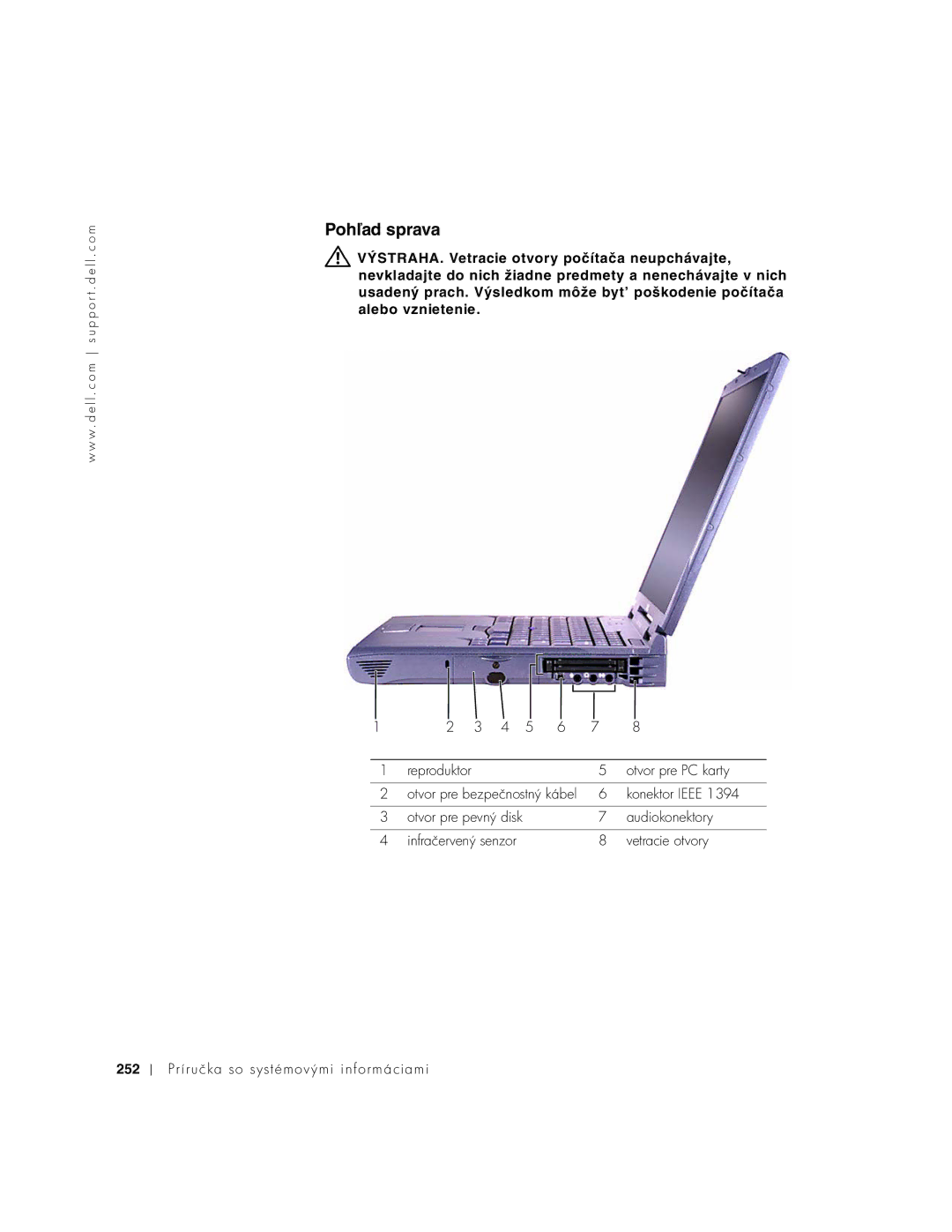 Dell PP01X manual Pohľad sprava, Otvor pre PC karty, Audiokonektory, Vetracie otvory, 252 