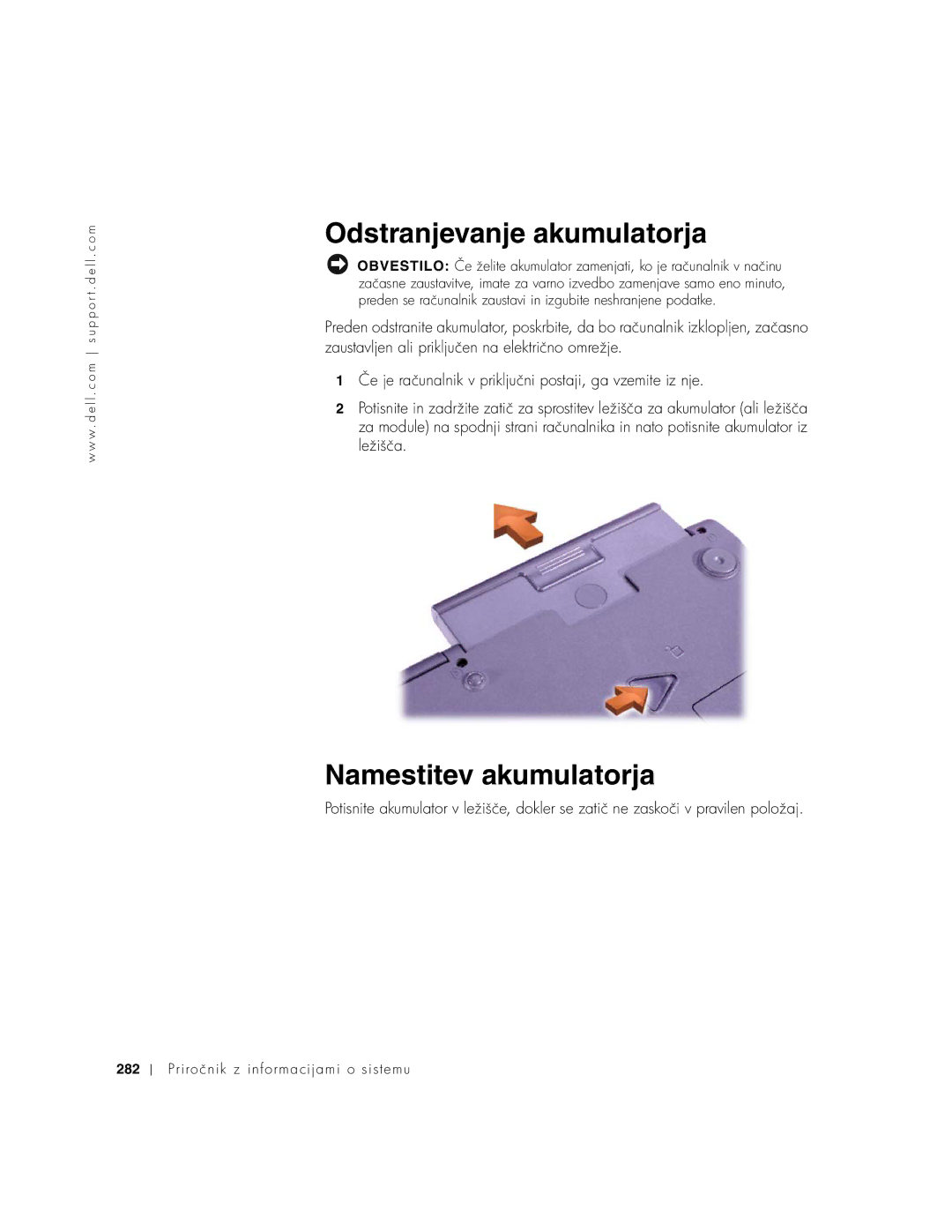 Dell PP01X manual Odstranjevanje akumulatorja, Namestitev akumulatorja 