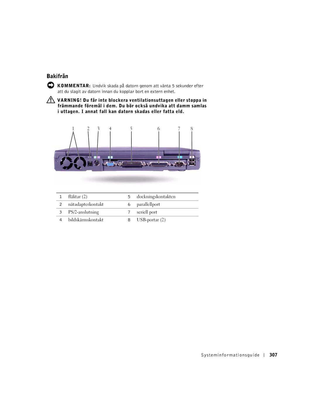 Dell PP01X manual Bakifrån, Systeminfor mationsguide 307 