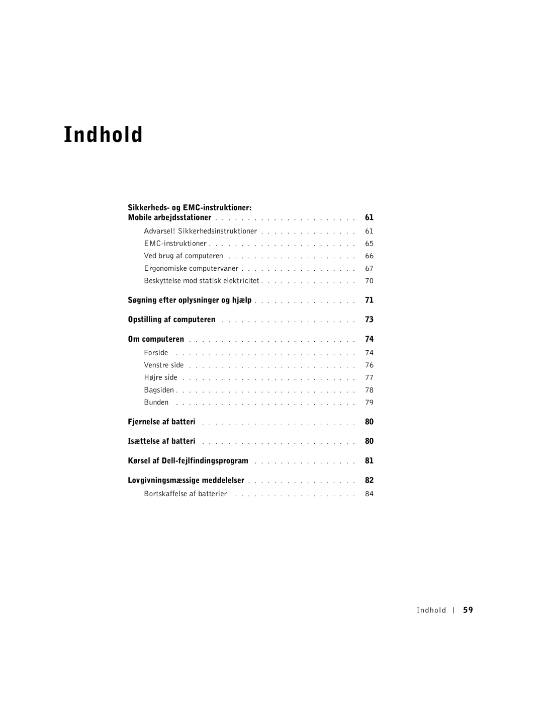 Dell PP01X manual Sikkerheds- og EMC-instruktioner, Kørsel af Dell-fejlfindingsprogram, Indhold 