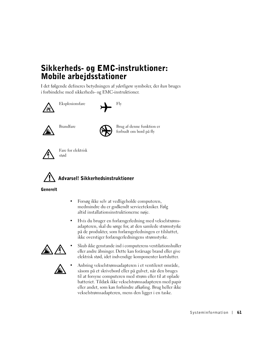 Dell PP01X manual Sikkerheds- og EMC-instruktioner Mobile arbejdsstationer, Generelt, Systeminfor mation 