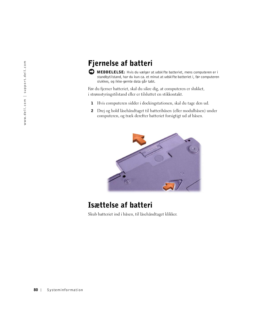 Dell PP01X manual Fjernelse af batteri, Isættelse af batteri 