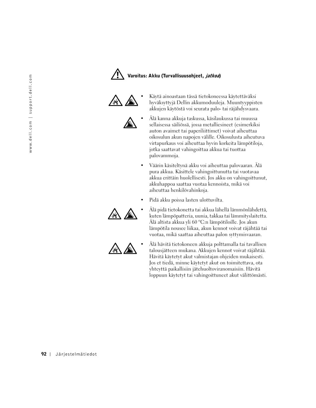 Dell PP01X manual Varoitus Akku Turvallisuusohjeet, jatkoa 