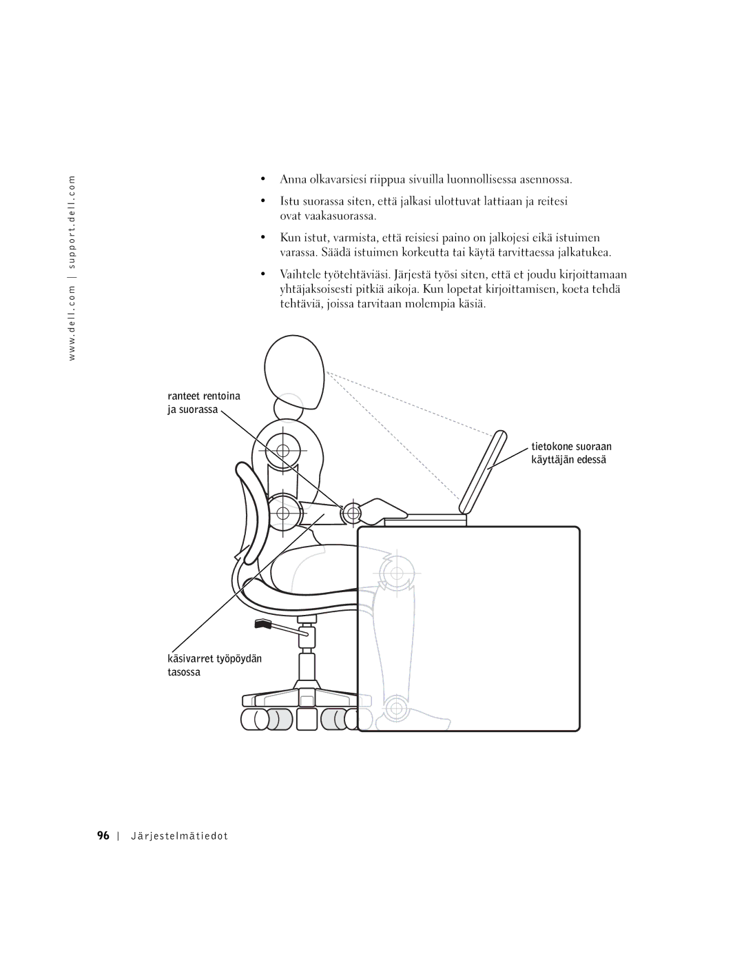 Dell PP01X manual Käsivarret työpöydän tasossa Järjestelmätiedot 