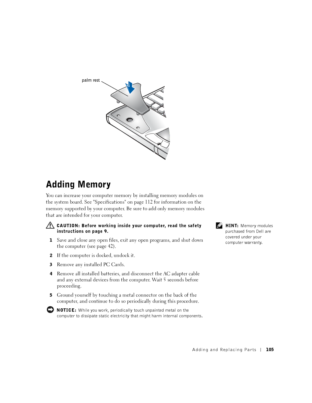 Dell PP01X owner manual Adding Memory 