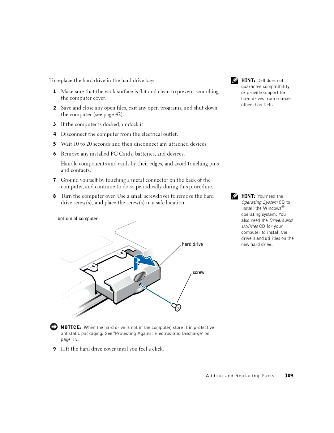 Dell PP01X owner manual Lift the hard drive cover until you feel a click 