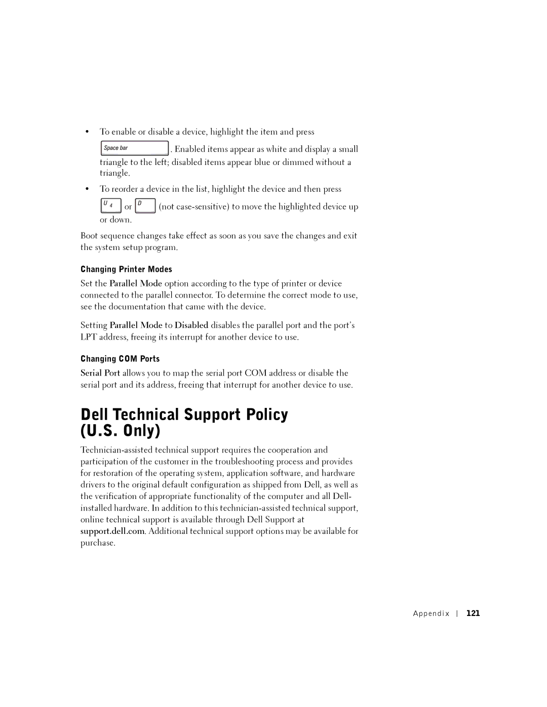 Dell PP01X owner manual Dell Technical Support Policy U.S. Only, Changing Printer Modes, Changing COM Ports, Appendix 121 