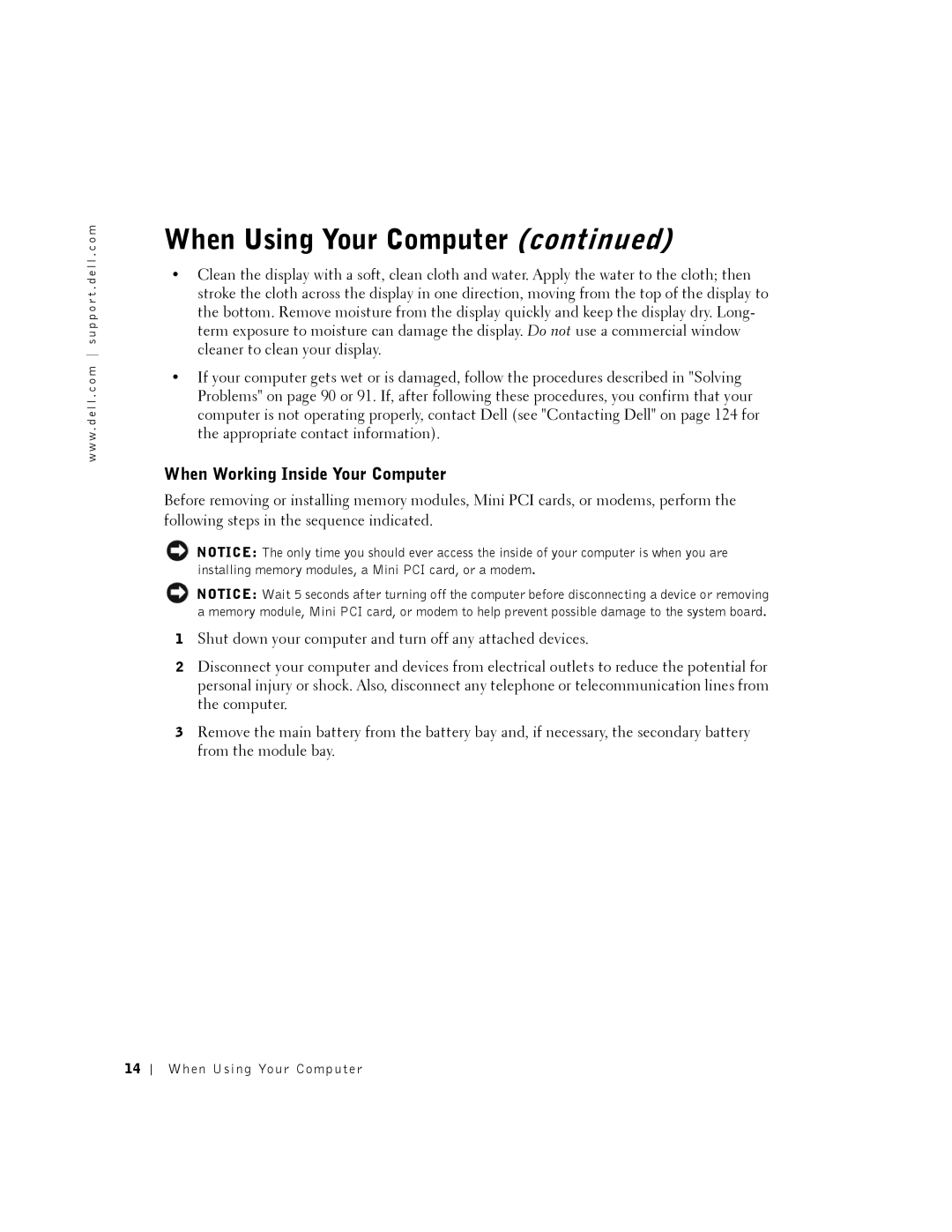 Dell PP01X owner manual When Working Inside Your Computer 