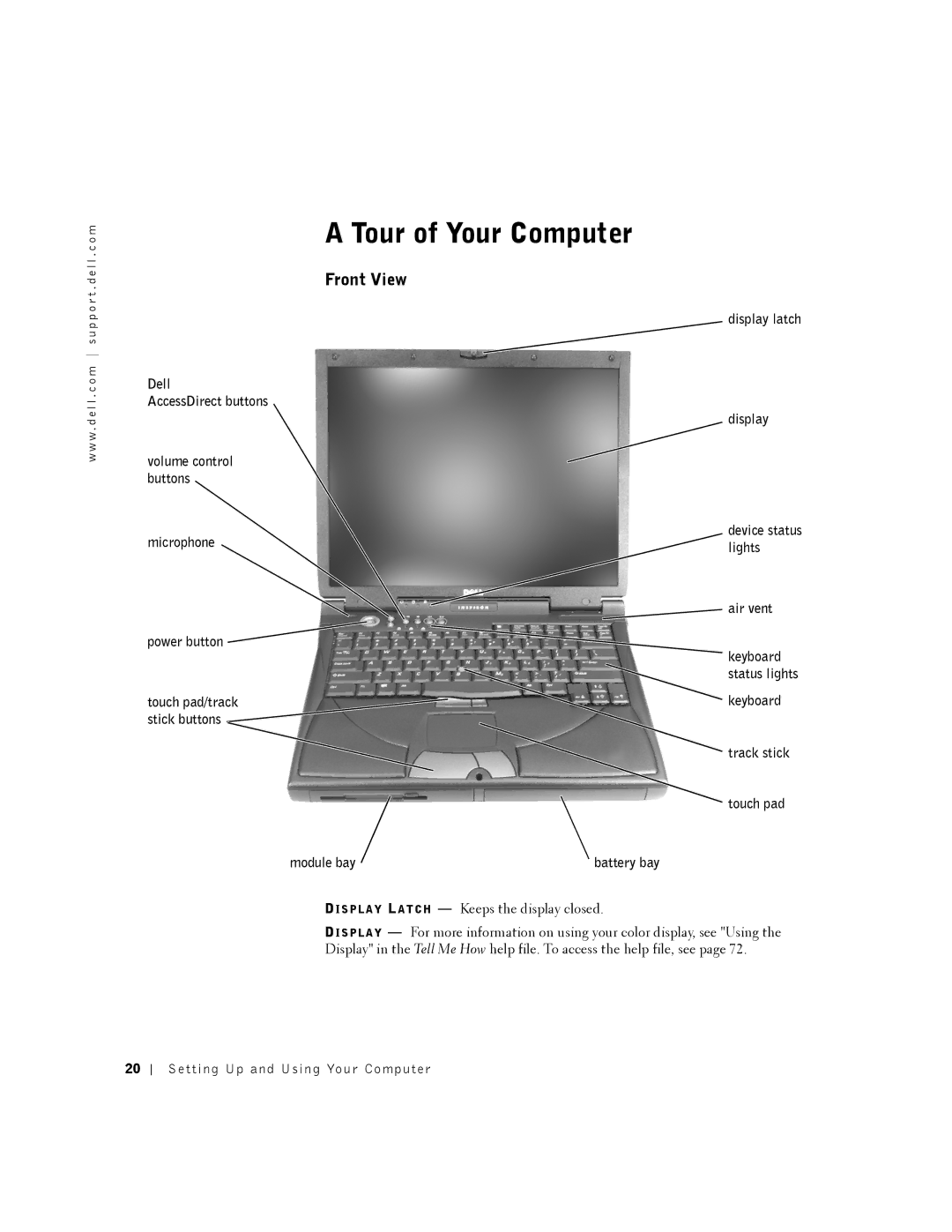 Dell PP01X owner manual Tour of Your Computer, Front View, Setting Up and Using Your Computer 