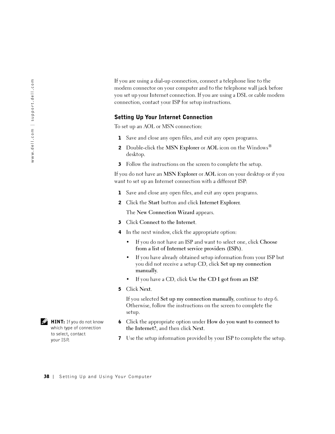 Dell PP01X owner manual Setting Up Your Internet Connection, Your ISP 