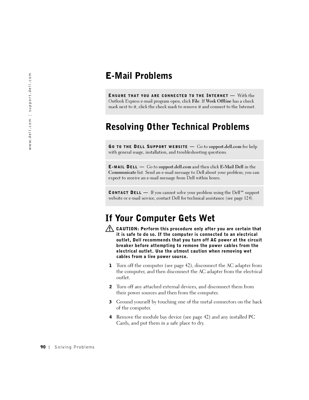 Dell PP01X owner manual Mail Problems, Resolving Other Technical Problems, If Your Computer Gets Wet 