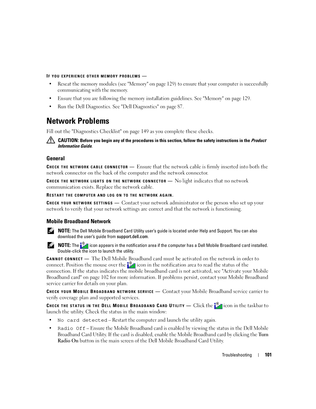 Dell M2010, PP03X owner manual Network Problems, General, Mobile Broadband Network, 101 