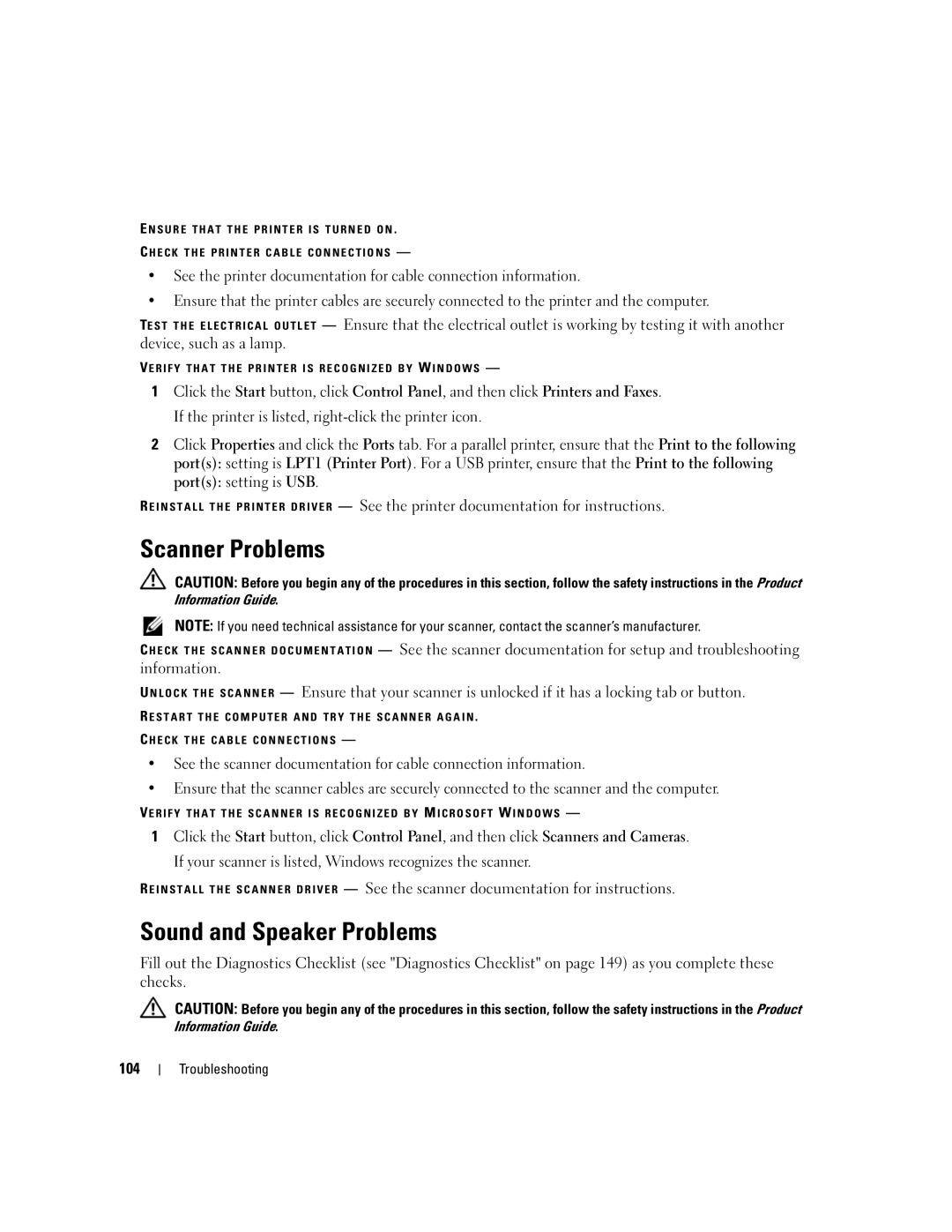 Dell PP03X, M2010 owner manual Scanner Problems, Sound and Speaker Problems, 104 