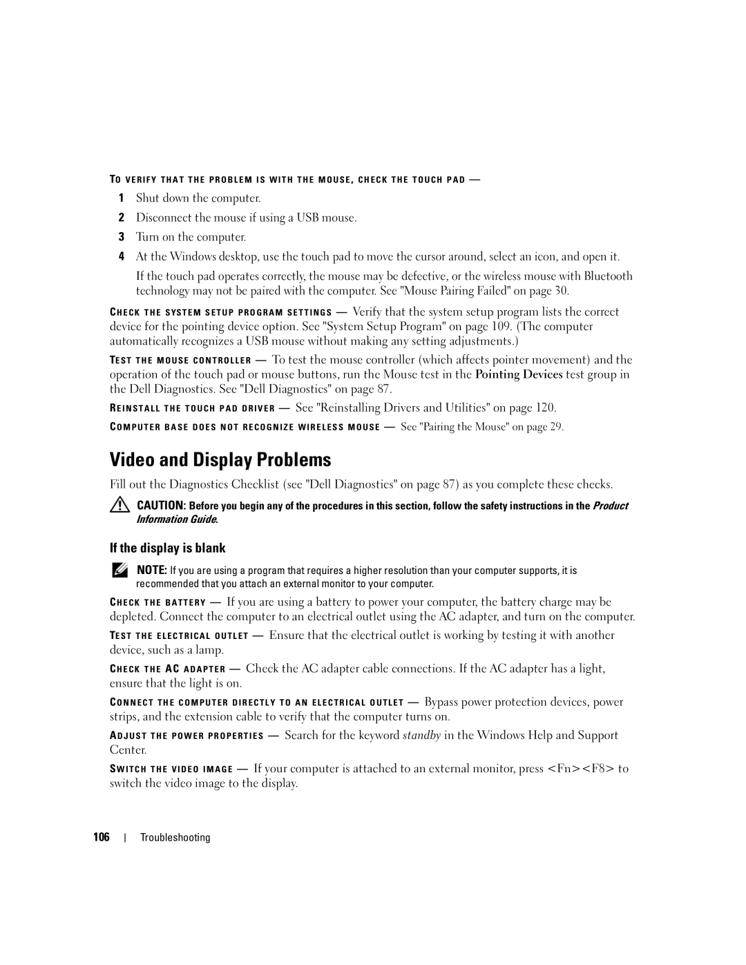 Dell PP03X, M2010 owner manual Video and Display Problems, If the display is blank, 106 