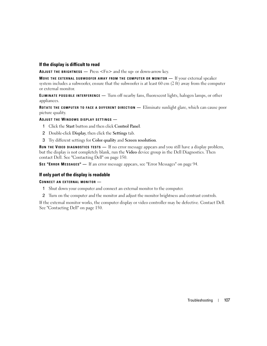 Dell M2010, PP03X owner manual If the display is difficult to read, If only part of the display is readable, 107 