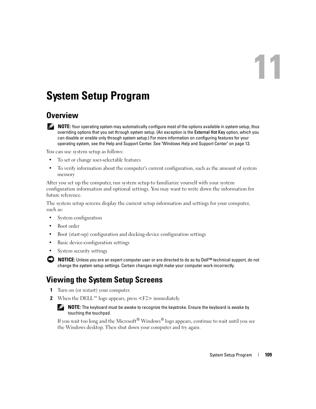 Dell M2010, PP03X owner manual System Setup Program, Overview, Viewing the System Setup Screens, 109 