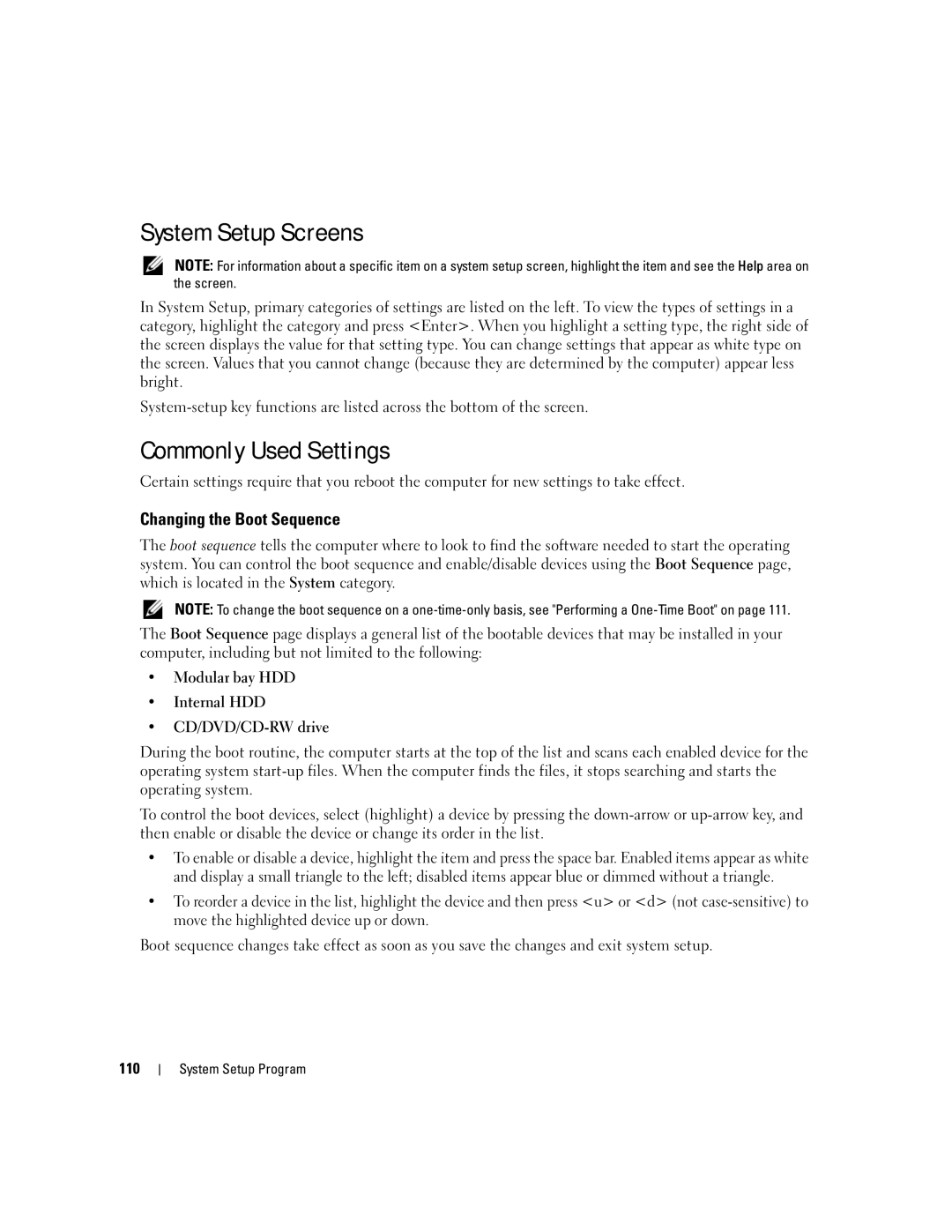 Dell PP03X, M2010 owner manual System Setup Screens, Commonly Used Settings, Changing the Boot Sequence, 110 