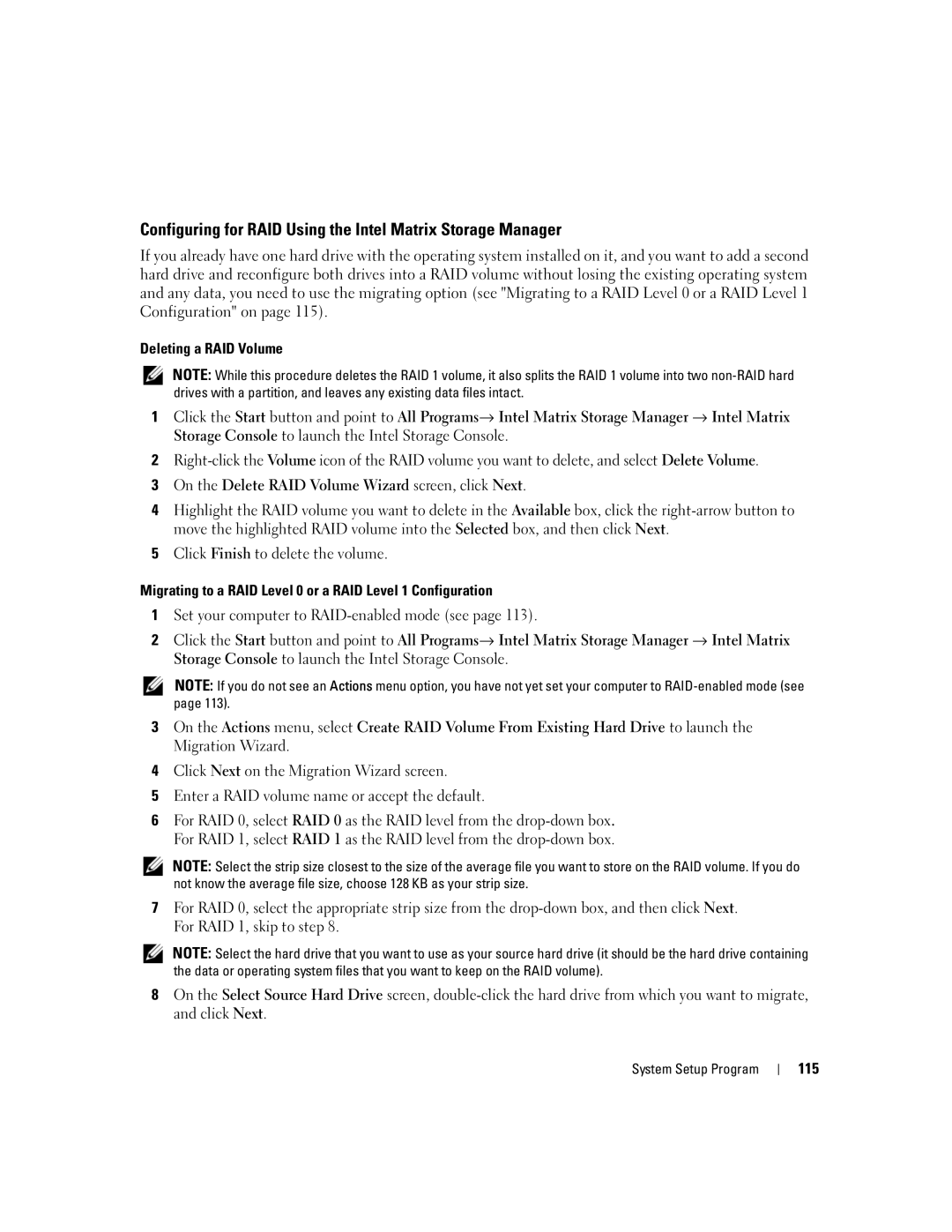 Dell M2010, PP03X owner manual Configuring for RAID Using the Intel Matrix Storage Manager, 115 