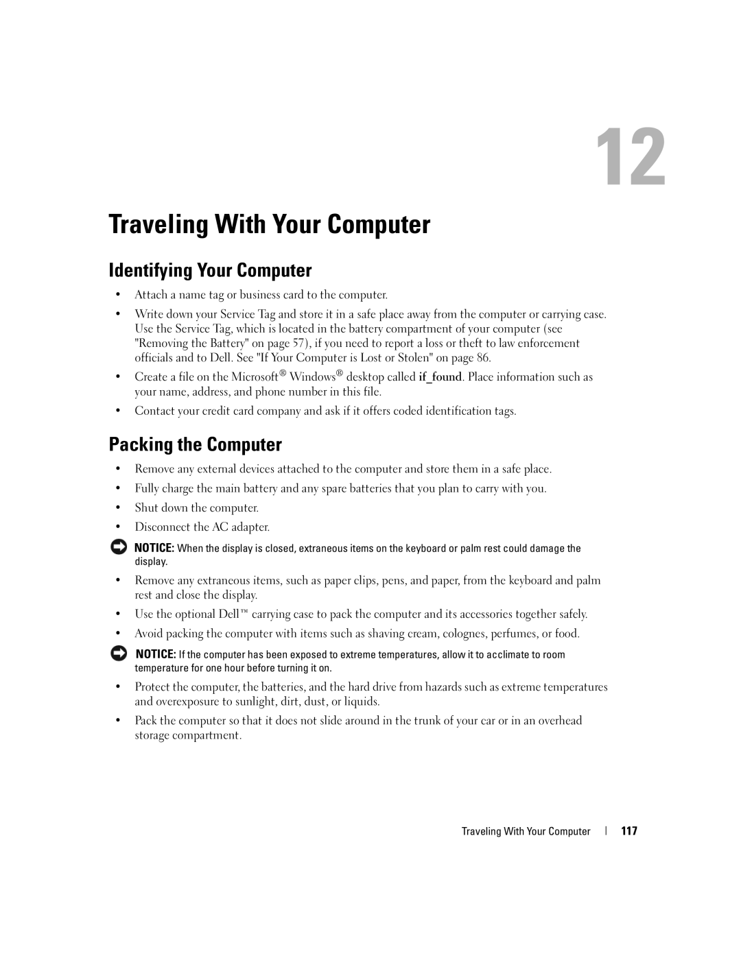 Dell M2010, PP03X owner manual Traveling With Your Computer, Identifying Your Computer, Packing the Computer, 117 