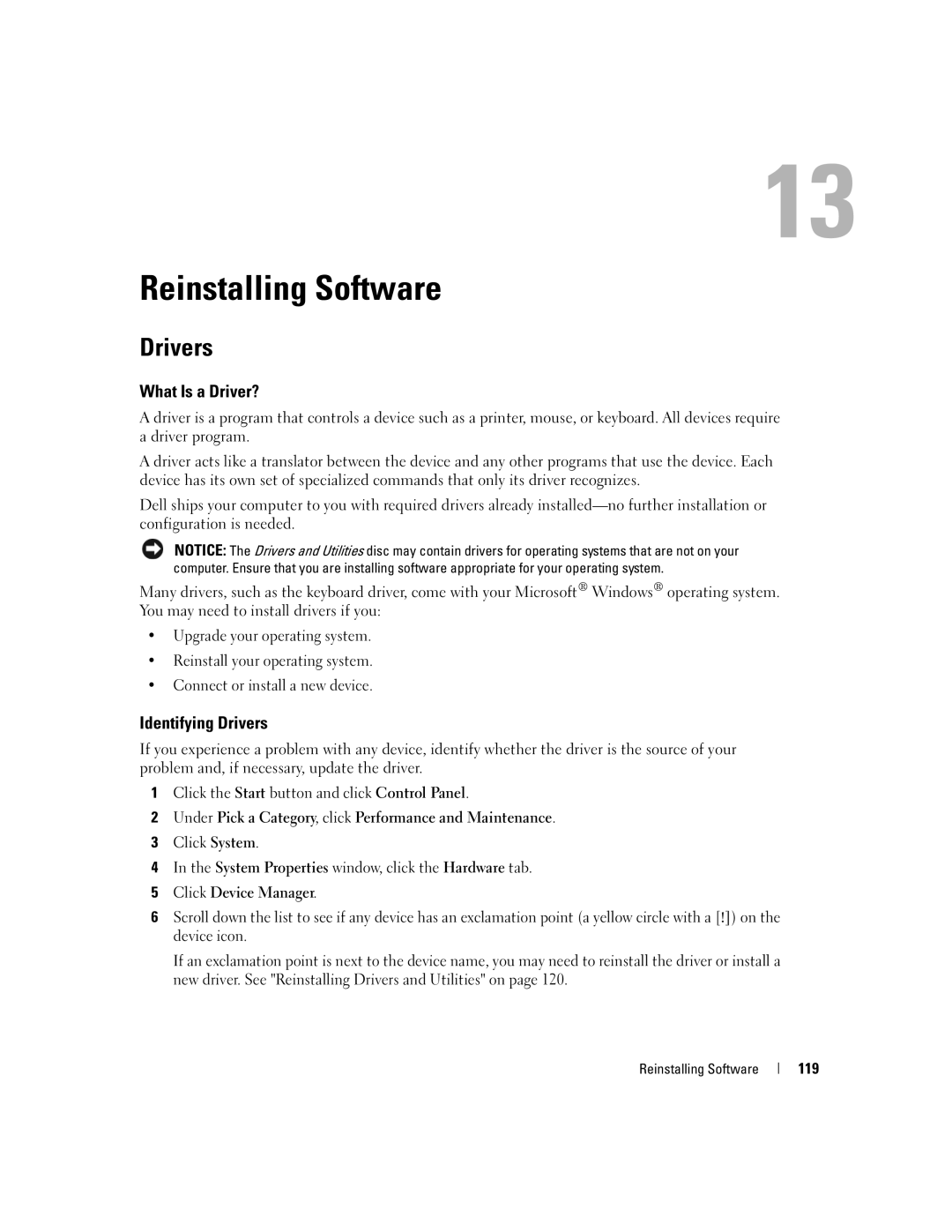 Dell M2010, PP03X owner manual Reinstalling Software, What Is a Driver?, Identifying Drivers, 119 