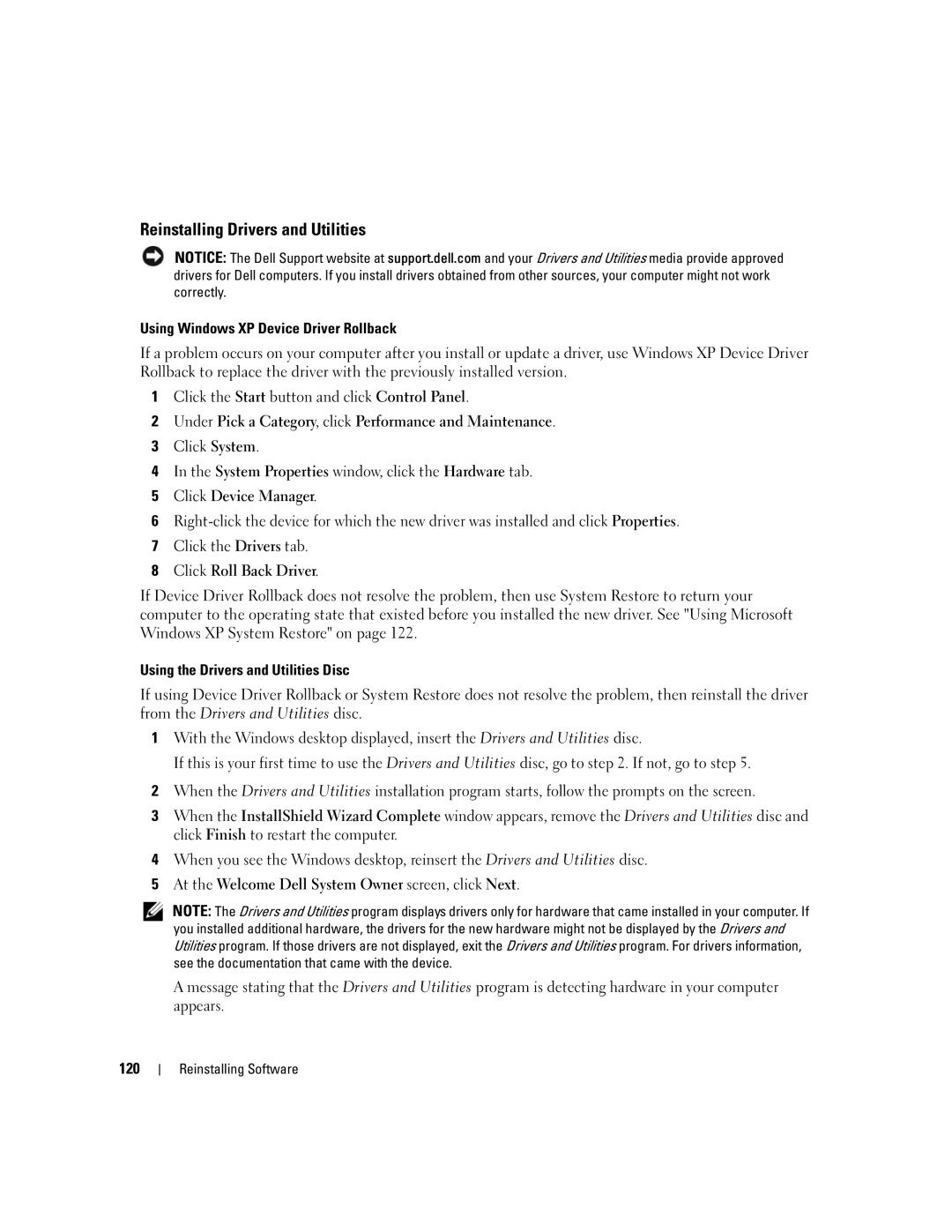 Dell PP03X, M2010 owner manual Reinstalling Drivers and Utilities, Using Windows XP Device Driver Rollback 