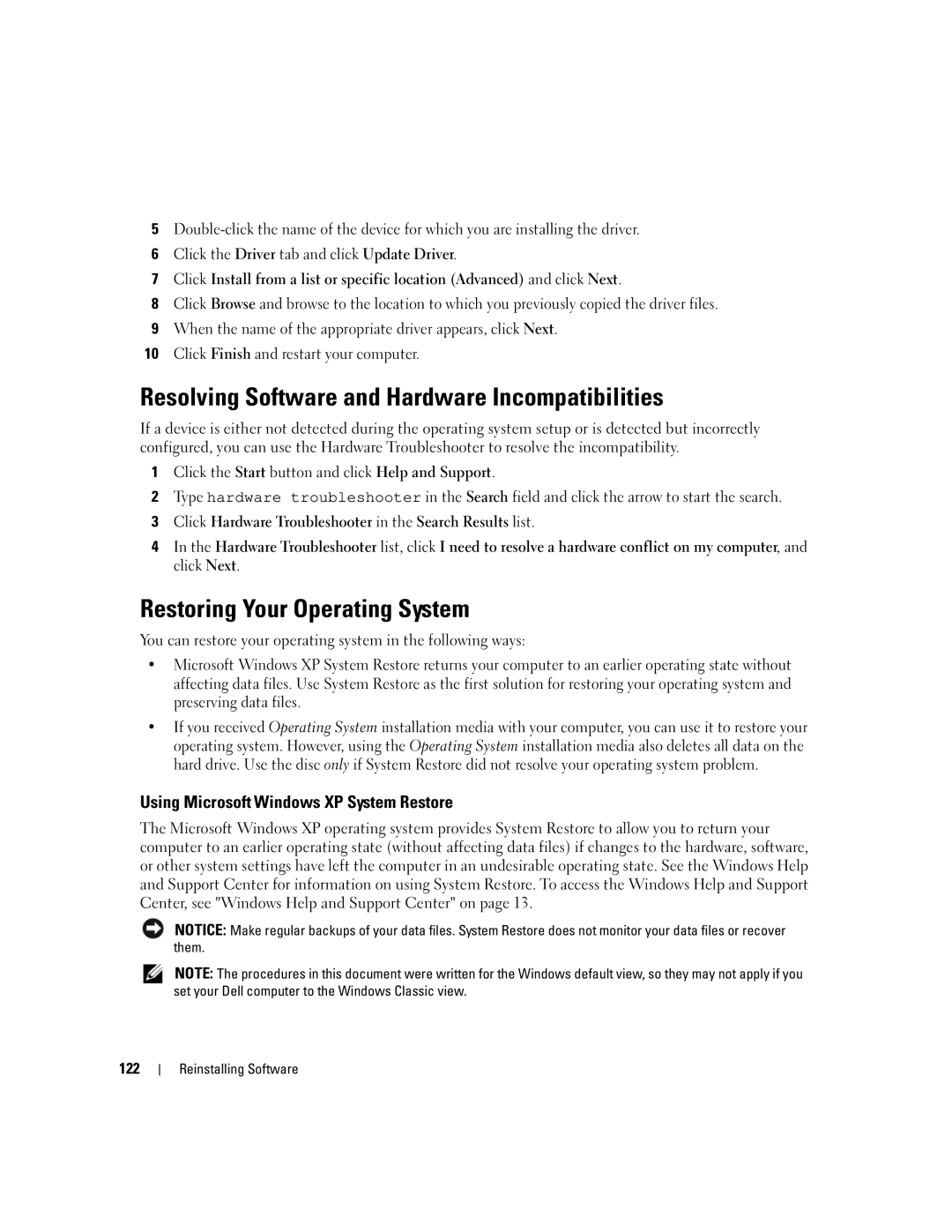 Dell PP03X, M2010 owner manual Resolving Software and Hardware Incompatibilities, Restoring Your Operating System, 122 