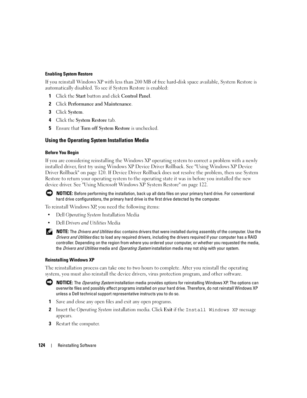 Dell PP03X, M2010 owner manual Using the Operating System Installation Media, Enabling System Restore, Before You Begin 