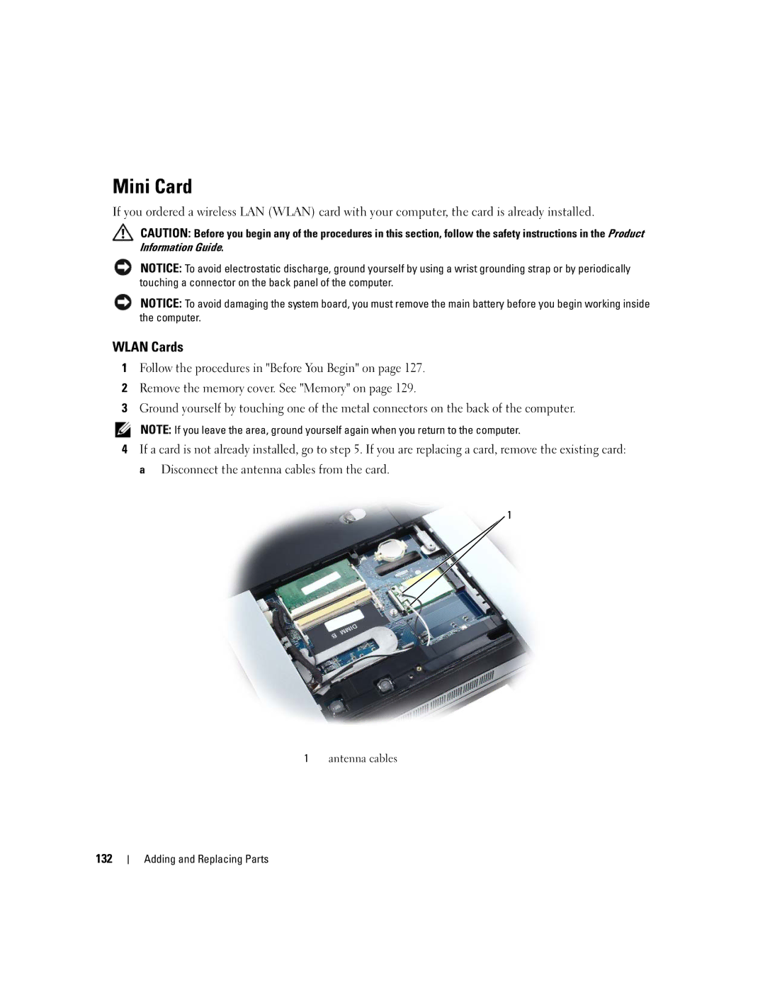 Dell PP03X, M2010 owner manual Mini Card, Wlan Cards, 132, Antenna cables 