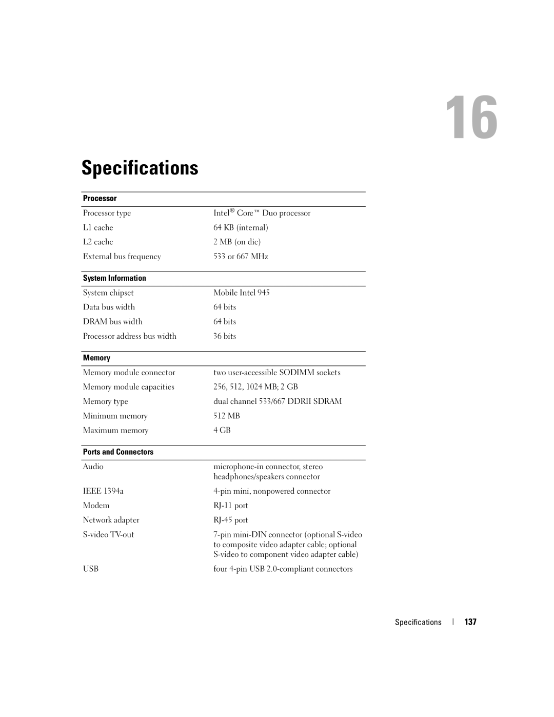 Dell M2010, PP03X owner manual Specifications, 137, Four 4-pin USB 2.0-compliant connectors 