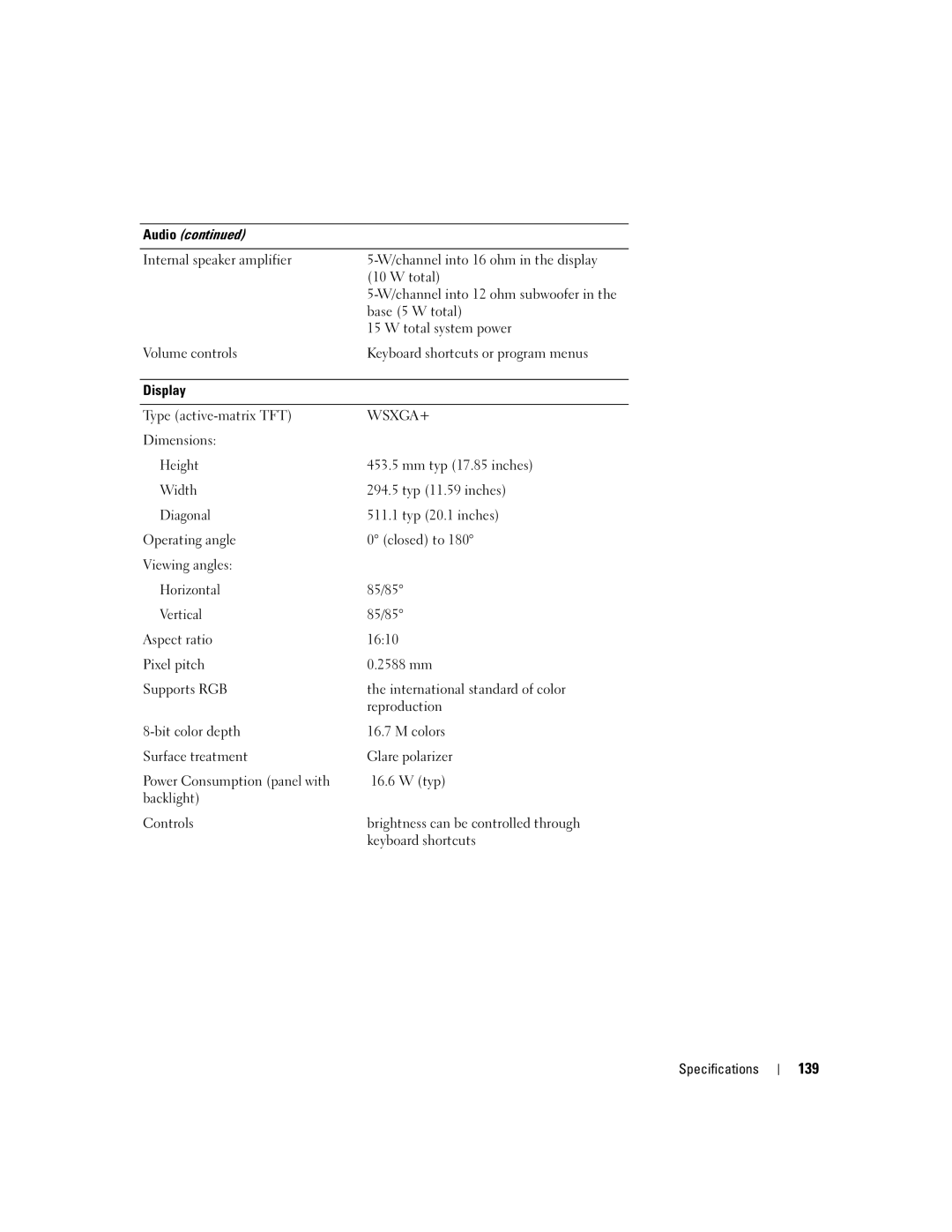 Dell M2010, PP03X owner manual 139, Base 5 W total, Total system power 