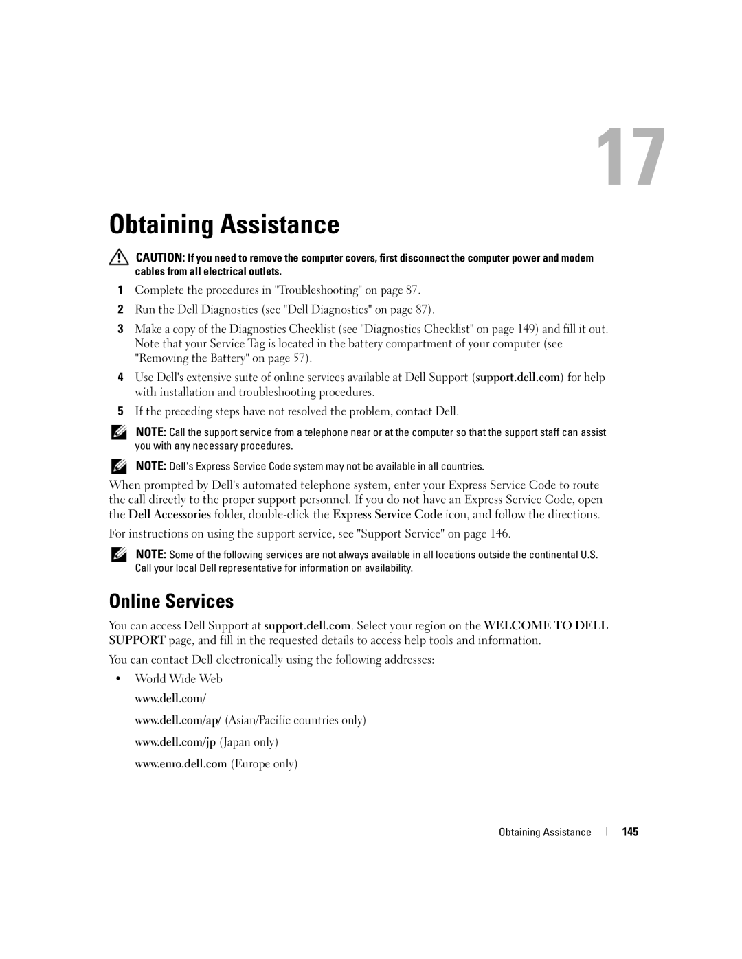 Dell M2010, PP03X owner manual Obtaining Assistance, Online Services, 145 