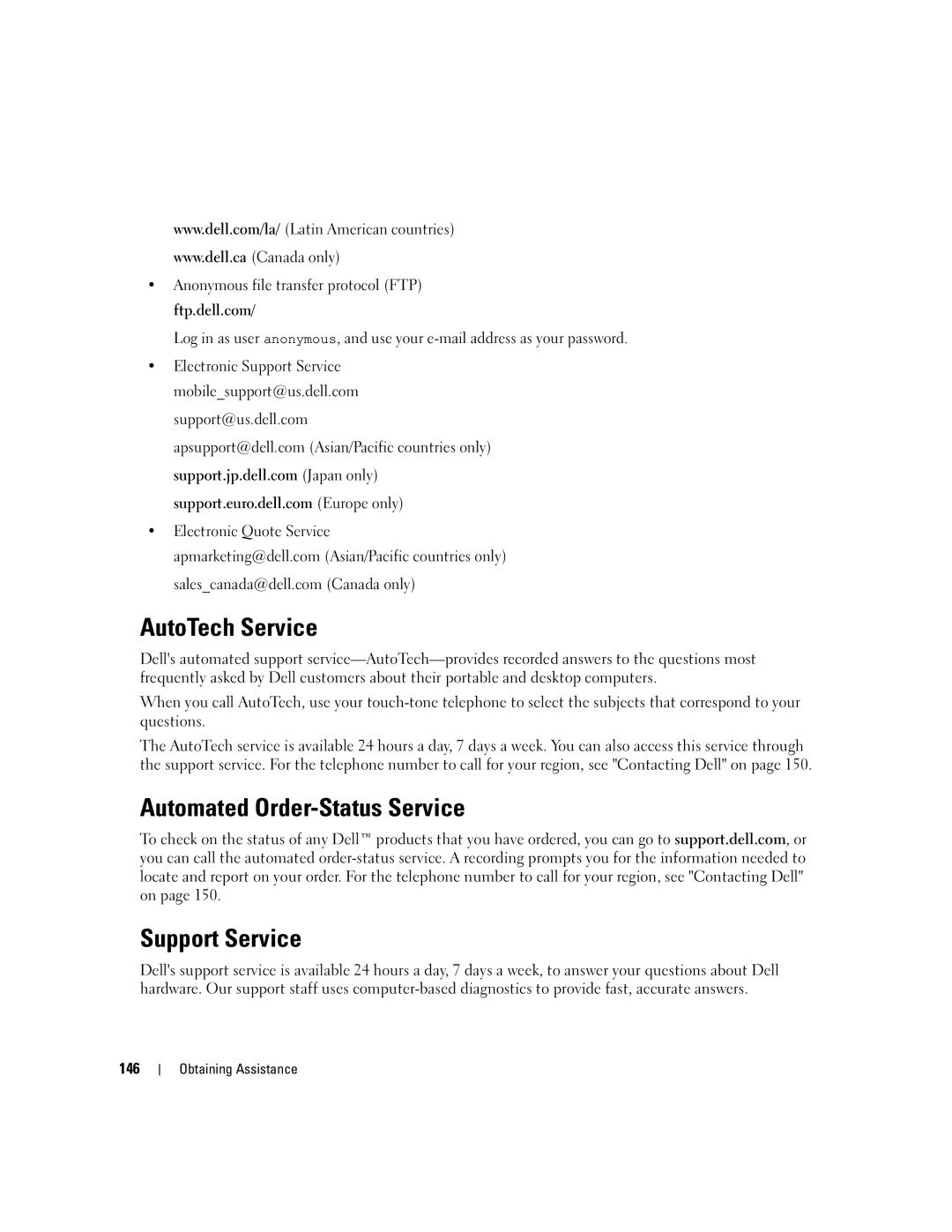 Dell PP03X, M2010 owner manual AutoTech Service, Automated Order-Status Service, Support Service, 146 