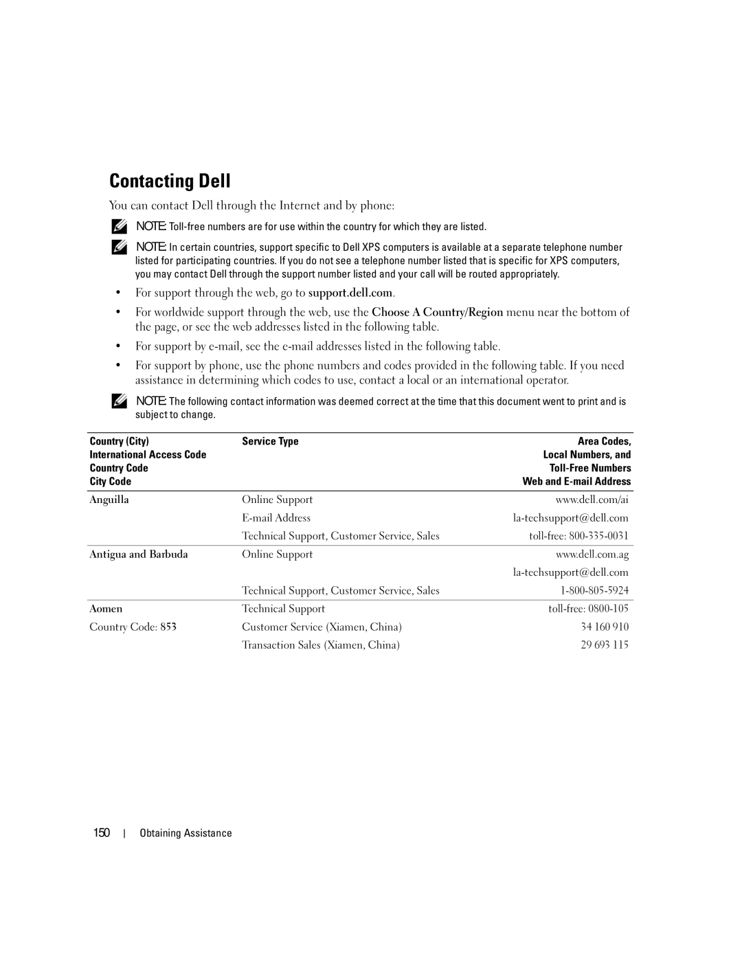 Dell PP03X, M2010 owner manual Contacting Dell, 150 