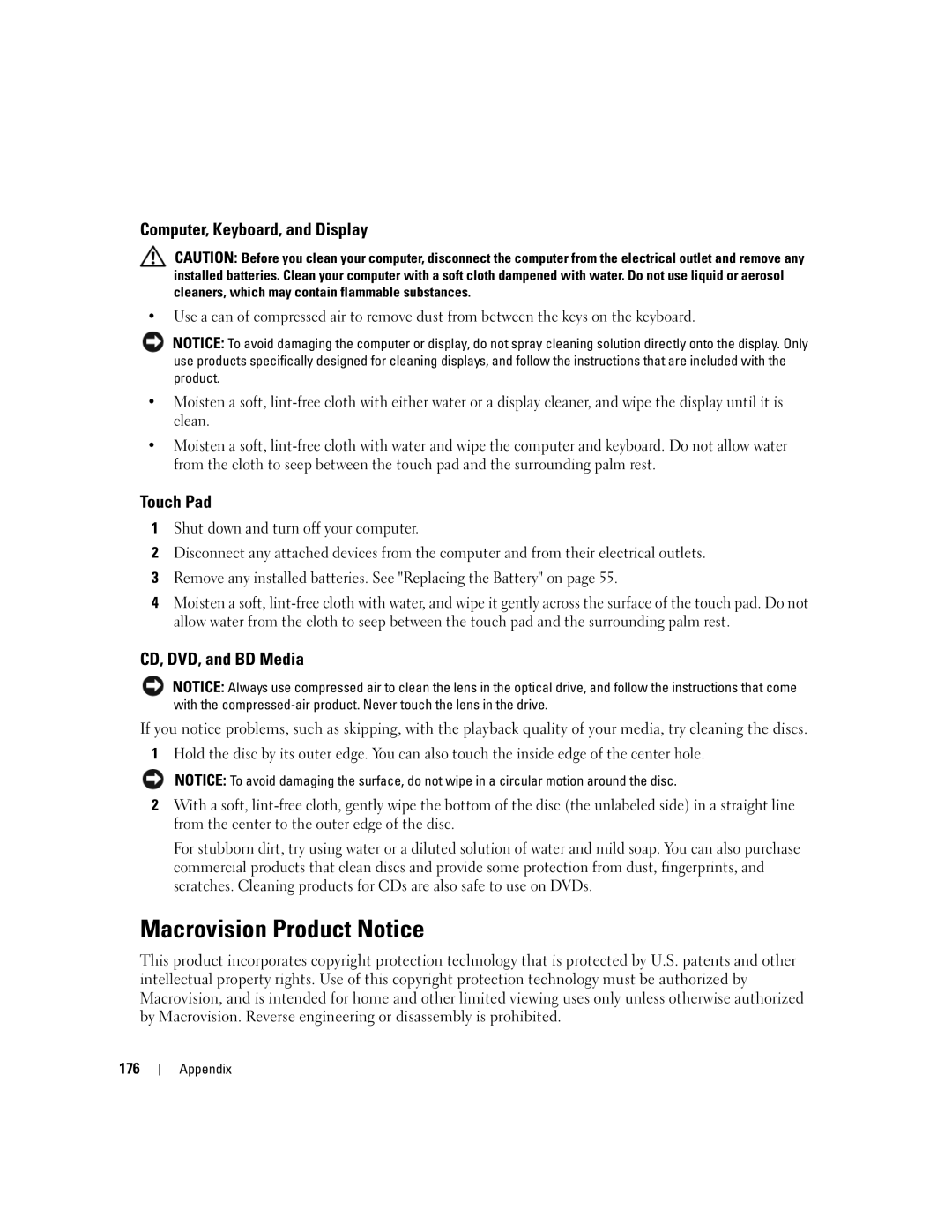 Dell PP03X, M2010 Macrovision Product Notice, Computer, Keyboard, and Display, Touch Pad, CD, DVD, and BD Media, 176 