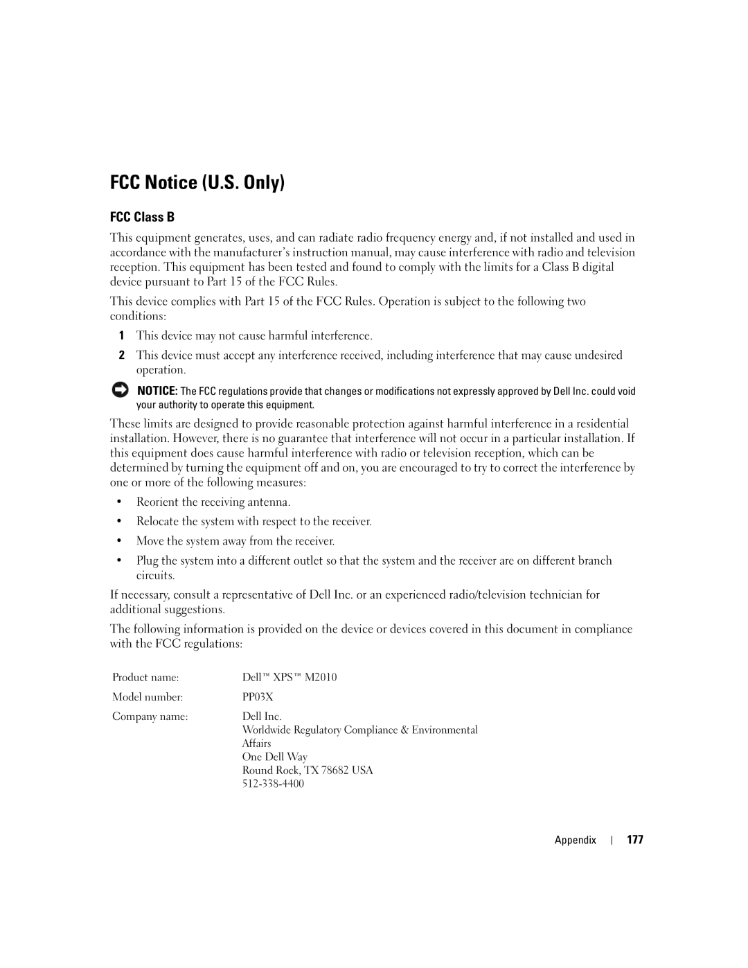 Dell M2010, PP03X owner manual FCC Notice U.S. Only, FCC Class B, 177 