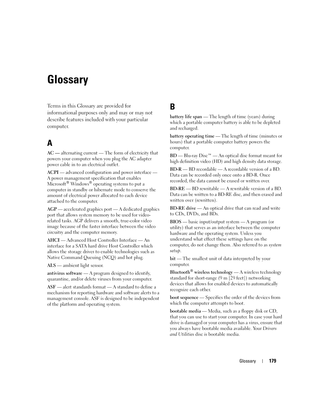 Dell M2010, PP03X owner manual Glossary, 179, ALS ambient light sensor 