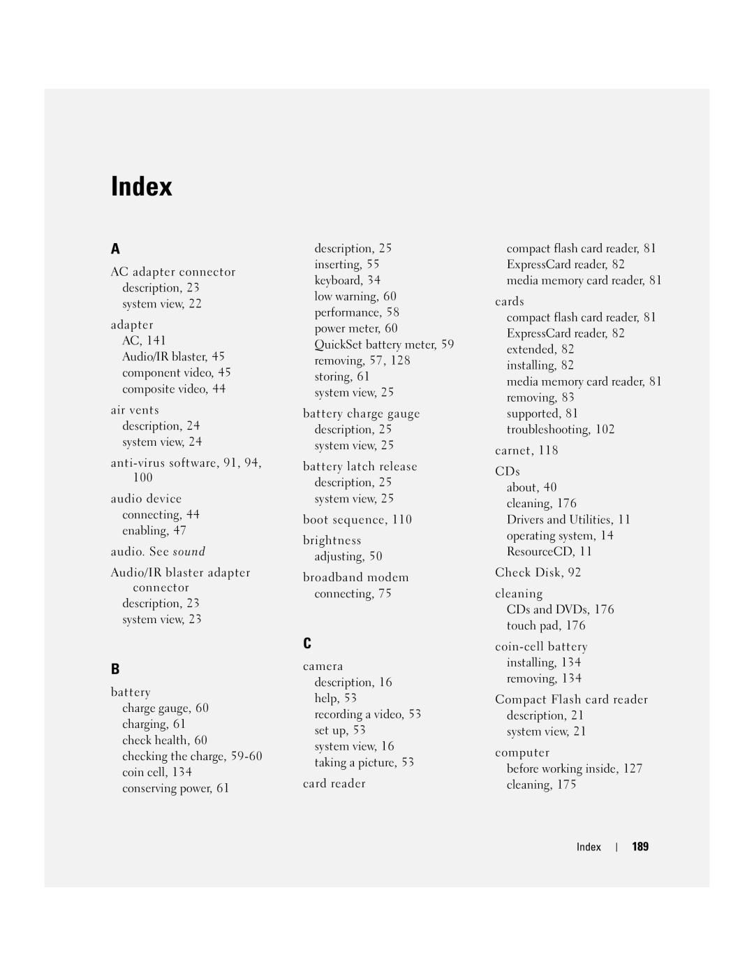 Dell M2010, PP03X owner manual Index, 189 