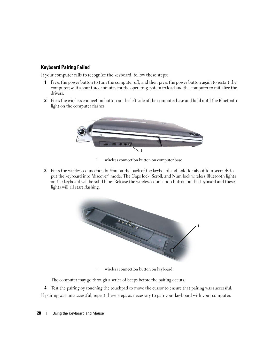 Dell PP03X Keyboard Pairing Failed, Wireless connection button on computer base, Wireless connection button on keyboard 