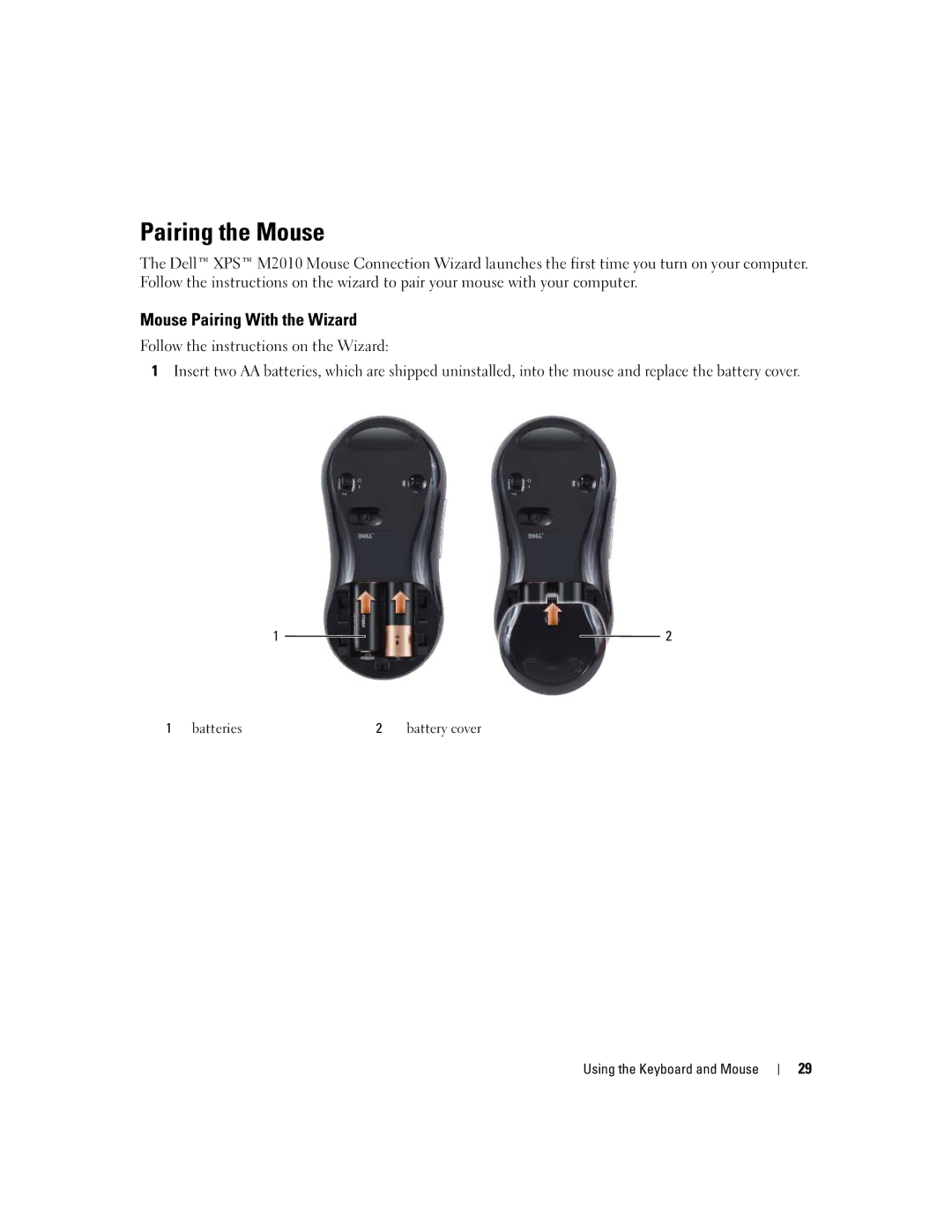 Dell M2010, PP03X owner manual Pairing the Mouse, Mouse Pairing With the Wizard, Batteries 