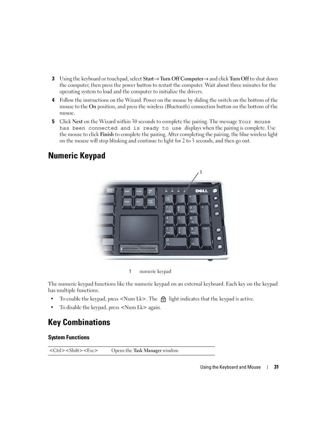 Dell M2010, PP03X owner manual Numeric Keypad, Key Combinations, System Functions, Numeric keypad 