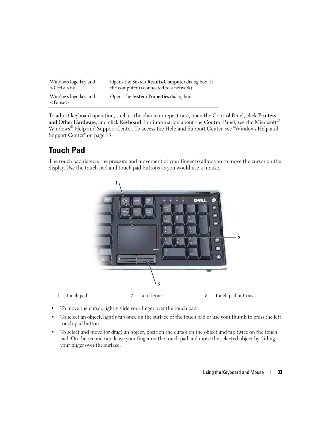 Dell M2010, PP03X owner manual Touch Pad, Windows logo key, Touch pad Scroll zone 