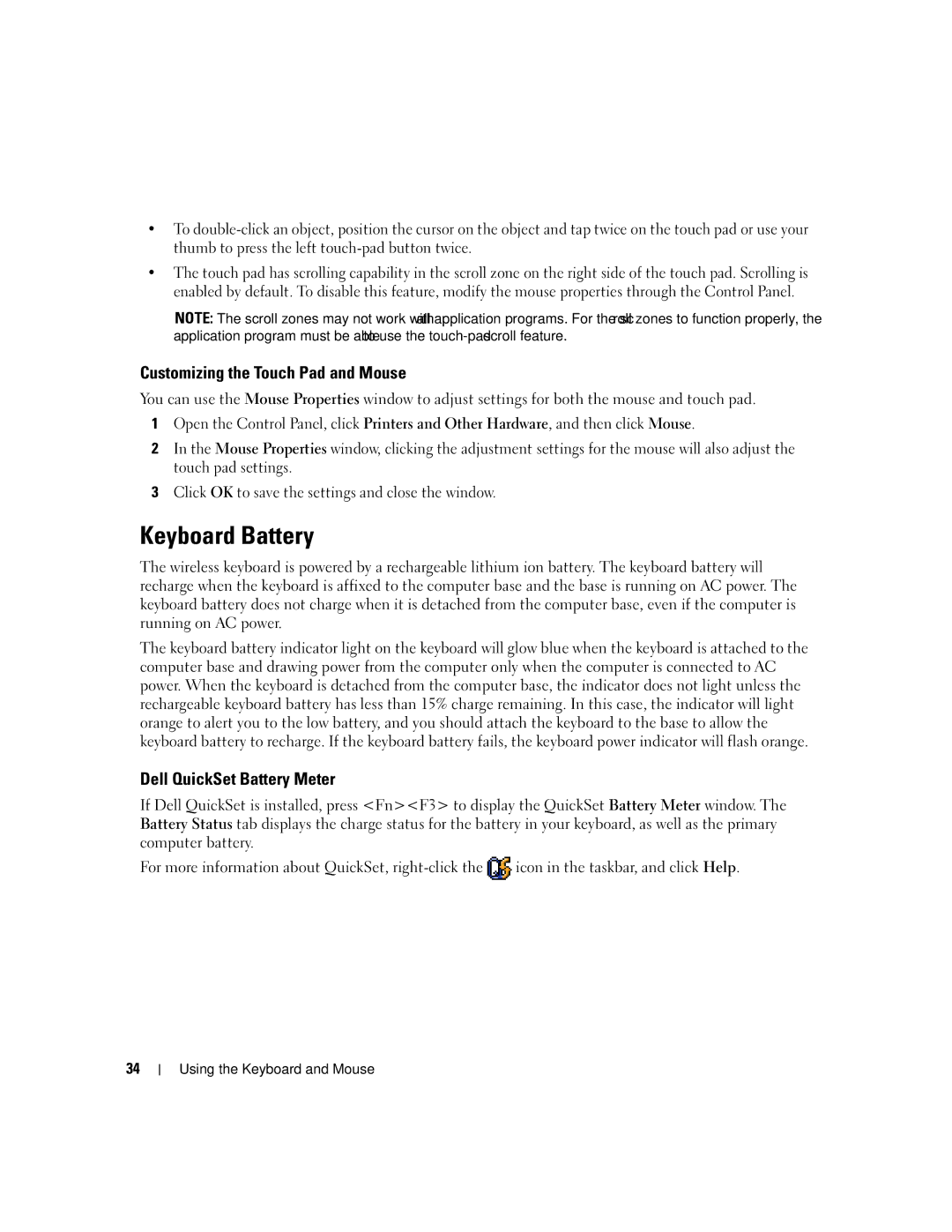 Dell PP03X, M2010 owner manual Keyboard Battery, Customizing the Touch Pad and Mouse, Dell QuickSet Battery Meter 