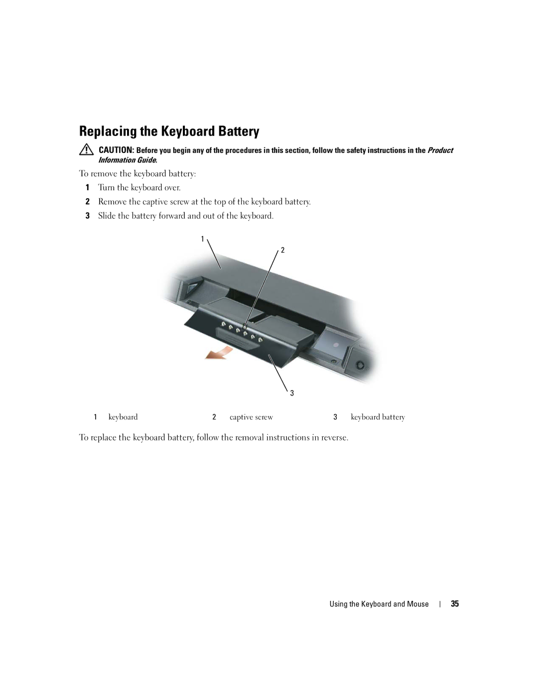 Dell M2010, PP03X owner manual Replacing the Keyboard Battery, Keyboard Captive screw 