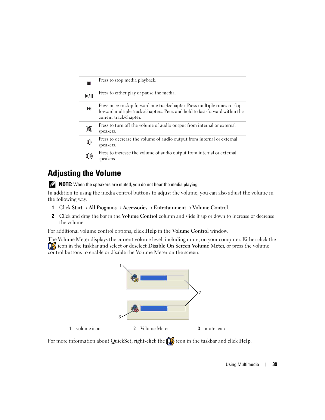 Dell M2010, PP03X owner manual Adjusting the Volume, Volume icon Volume Meter Mute icon 