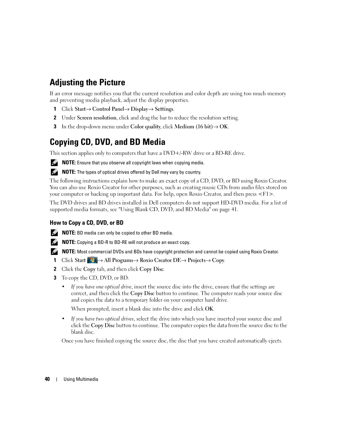 Dell PP03X, M2010 owner manual Adjusting the Picture, Copying CD, DVD, and BD Media, How to Copy a CD, DVD, or BD 