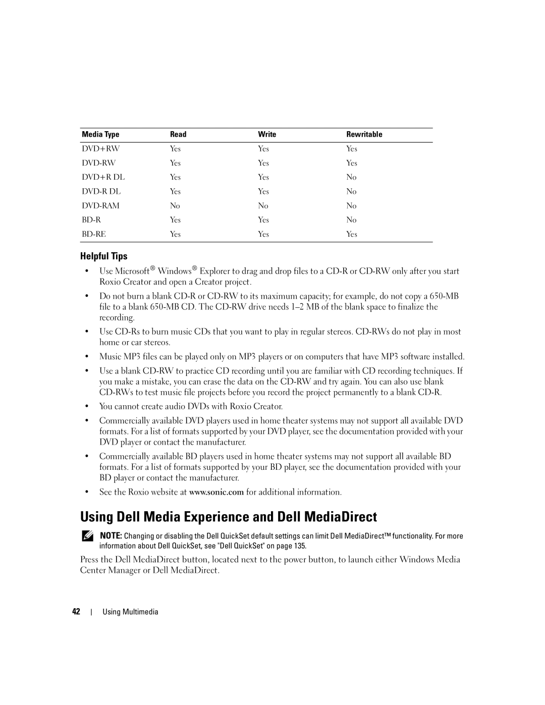 Dell PP03X, M2010 owner manual Using Dell Media Experience and Dell MediaDirect, Helpful Tips 